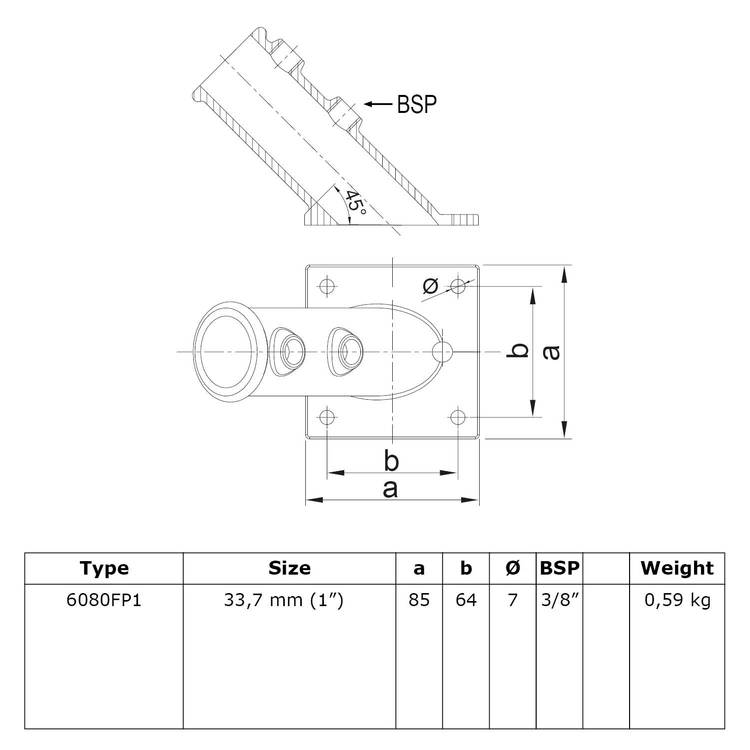 Technische Zeichnung der Rohrverbinder 45° Flaggenhalterung / Fahnenhalter Typ FP1 (Ø 33.7 mm), mit orthogonalen Ansichten, detaillierten Bemaßungen und einer Tabelle der technischen Spezifikationen.