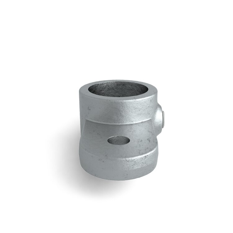 Rohrverbinder Gelenkauge doppelt horizontal Typ 39. Ein zylindrisches, graues Metallformstück mit einer runden Öffnung oben und einer Bohrung an der Seite.