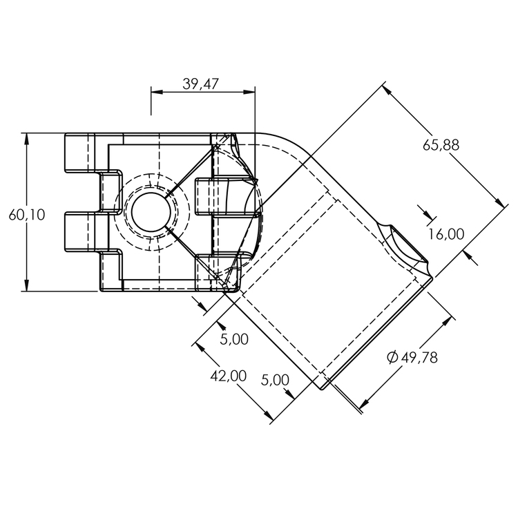 Technische Zeichnung des klappbaren 45°-T-Rohrverbinders, kurze Ausführung, Typ 3O, für Rohre mit Ø 48,3mm, mit detaillierten Maßen.