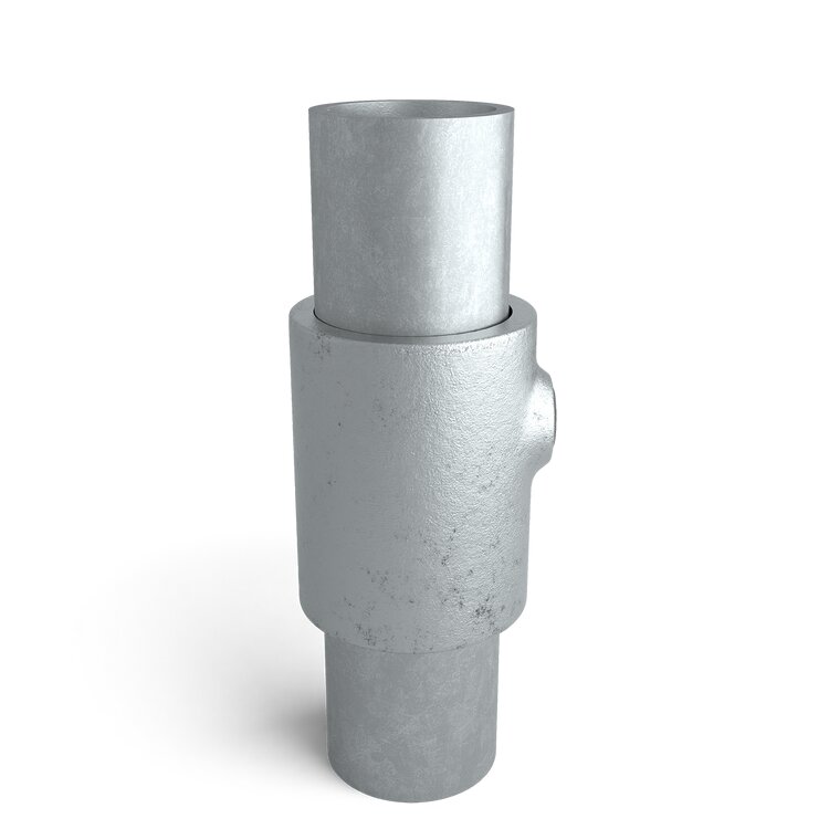 Rohrverbinder T-Verbinder kurz, verstellbar 11°-30° - Typ 7U, aus silbergrauem Metall mit seitlichem Abgang.