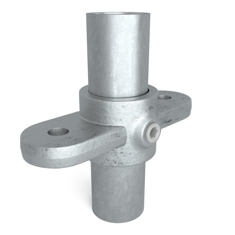 Rohrverbinder Gelenkauge doppelt horizontal Typ 39 aus verzinktem Stahl, aufrecht stehend, mit zwei seitlichen, waagerechten Befestigungsaugen und einer Innensechskantschraube zur Fixierung des oberen Rohrs.