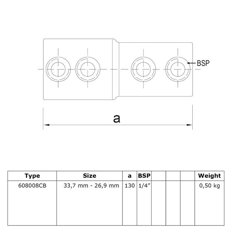 Technisches Zeichnungsdetail des Verlängerungsstücks Kombi 26,9 - 33,7 mm / gerader Rohrverbinder, für äußere Verbindung - Typ 8V. Die Skizze zeigt die Draufsicht mit der Gesamtlänge 'a' von 130 mm und vier Befestigungspunkten, darunter ein 1/4 Zoll BSP-G