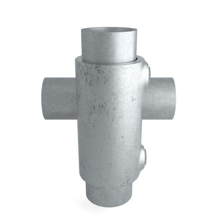 Rohrverbinder Kreuzverbinder lang vorgesetzt 90° Typ 28L Ø 42,4 mm in silberner Metallausführung auf weißem Hintergrund.