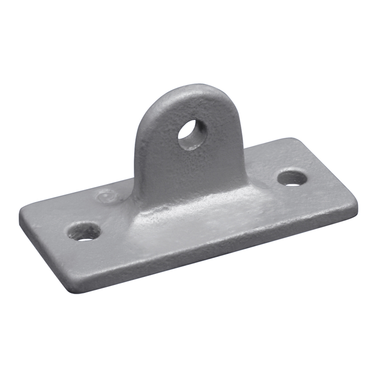Grauer Universal Gelenkfußhalter für Rohrverbinder Typ 50 aus Metall, mit einer flachen Montageplatte mit zwei Bohrlöchern und einem oben mittig angebrachten, gelenkigen Befestigungsauge.