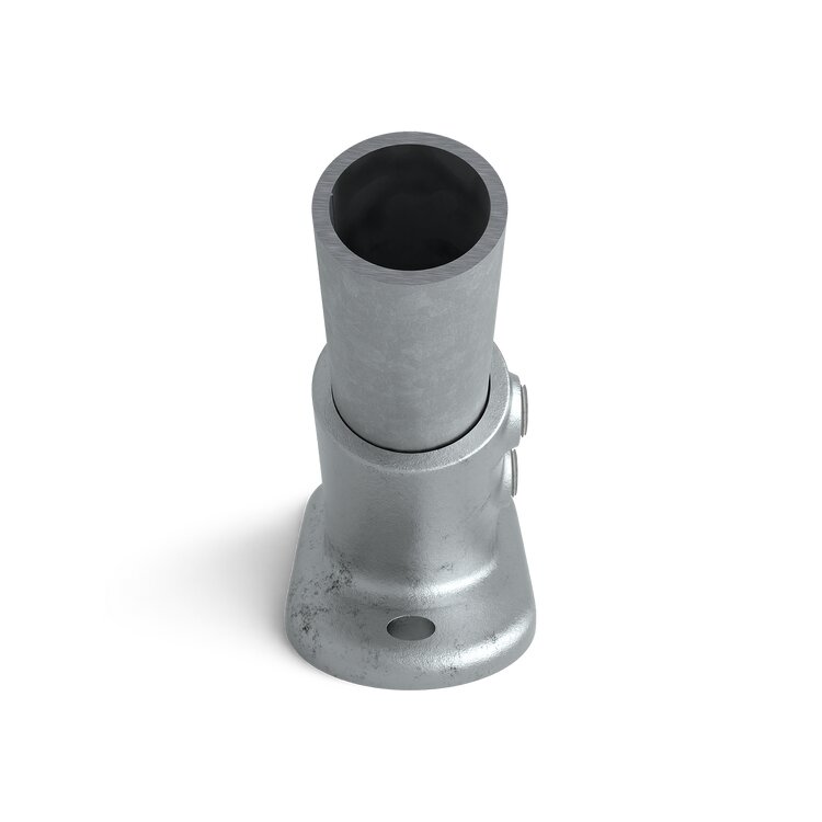 Rohrverbinder Bodenbefestigung variabel Typ 12W aus Metallguss, mit breiter Basis für die Bodenmontage und verstellbarem Winkel von 30 bis 45 Grad.