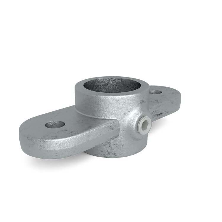 Rohrverbinder Gelenkauge doppelt horizontal Typ 39 aus silbernem Metall mit zylindrischer Öffnung und zwei flachen, horizontalen Befestigungsaugen.