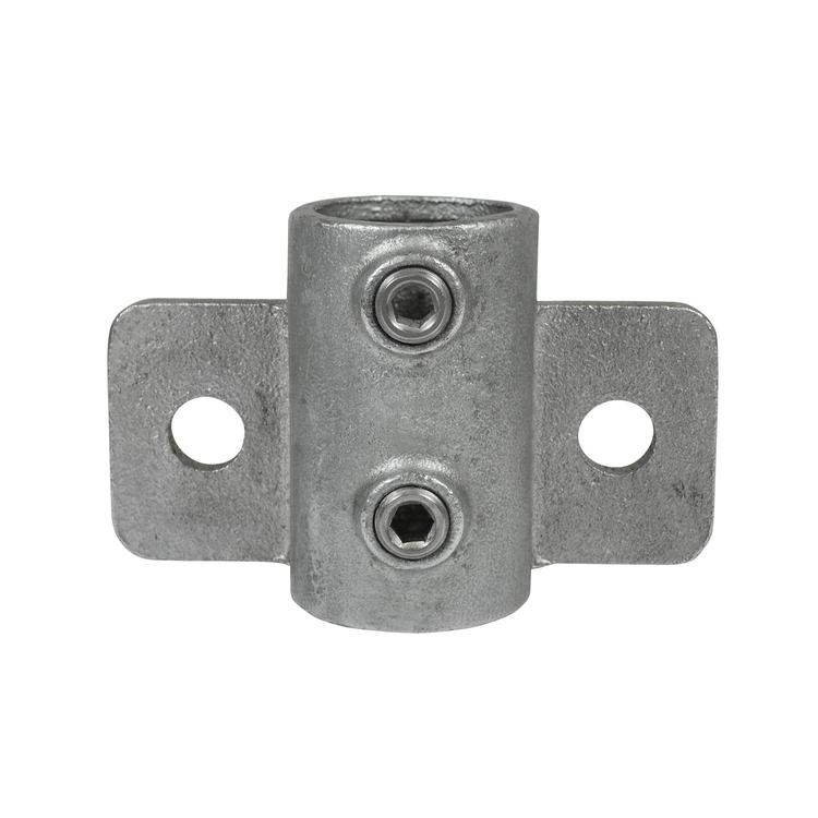Rohrverbinder Wandhalter Typ 146 – extra schwere Halterung für Pfosten. Hochwertiger, verzinkter Stahlverbinder für stabile Rohr- und Pfostenkonstruktionen. Ein grauer, robuster Rohrverbinder Wandhalter Typ 146, extra schwere Halterung für Pfosten, mit zwei Befestigungslaschen und Innensechskantschrauben, isoliert vor weißem Hintergrund.