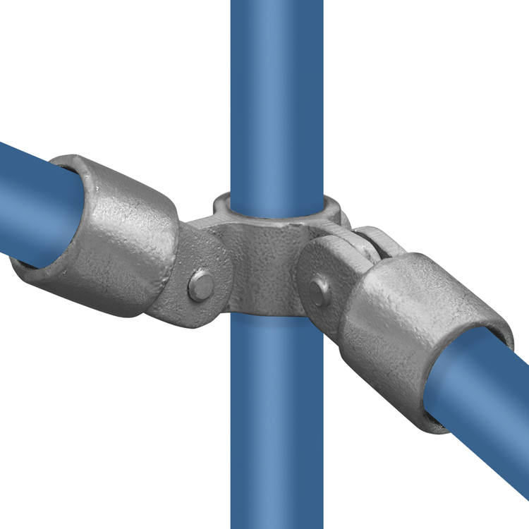Rohrverbinder, doppeltes Gelenkstück, 90° Rohrverbinder, doppeltes Gelenkstück, 90°. Grauer, metallener Rohrverbinder mit Schwenkfunktion, der zwei horizontale blaue Rohre in einem 90-Grad-Winkel zu einem vertikalen blauen Rohr verbindet.