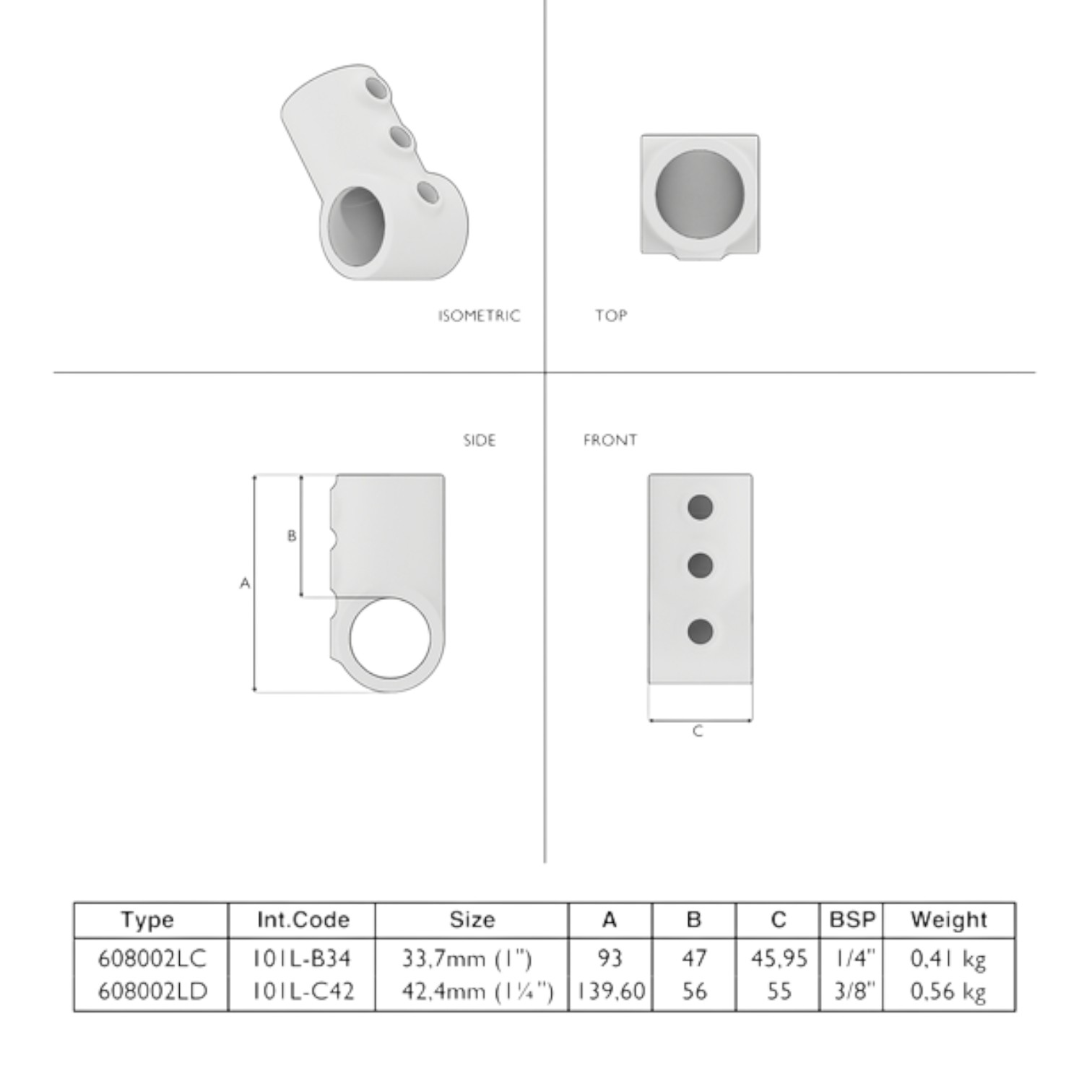 Technische Zeichnung und Produktansichten des Rohrverbinder T-Stück / T-Verbinder, verlängerte kurze Ausführung - Typ 2L. Die Abbildung zeigt isometrische, Draufsicht-, Seitenansicht- und Vorderansicht-Darstellungen des silbernen Verbinders sowie eine Tab