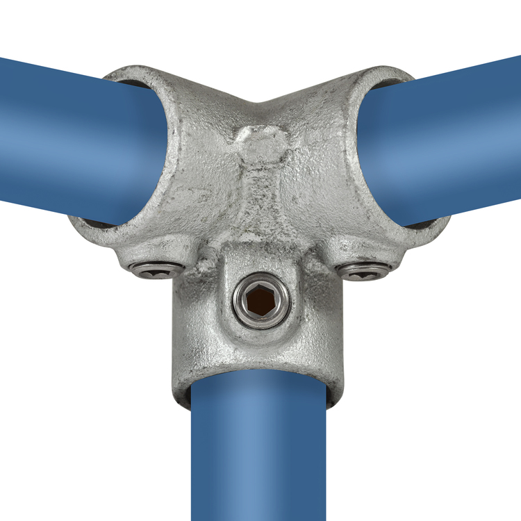 drei-Wege Eckstück 90° Rohrverbinder: Robuster Metallverbinder für drei Rohre im 90-Grad-Winkel. drei-Wege Eckstück 90° Rohrverbinder aus verzinktem Metall, der drei blaue Rohre im rechten Winkel zusammenfügt. Die robuste Konstruktion ist mit Innensechskantschrauben zur sicheren Befestigung ausgestattet.