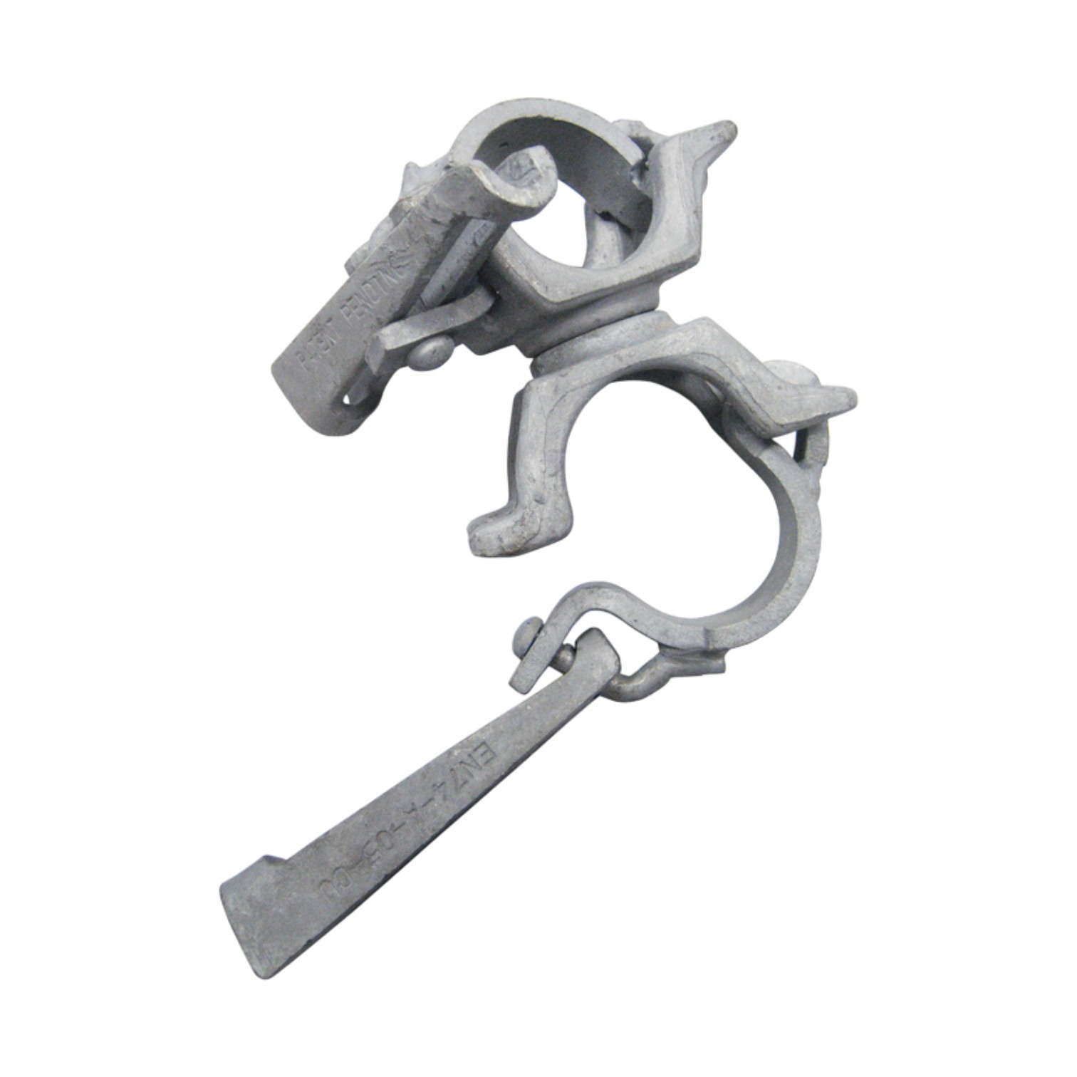 Gerüstkupplung / Gerüstschelle / Drehkupplung mit festem Splint Ø 48,3 / 48,3 mm - Typ 201080, eine silberfarbene Metallkupplung mit zwei drehbaren Klemmbacken und integriertem Sicherungssplint, freigestellt auf weißem Hintergrund.