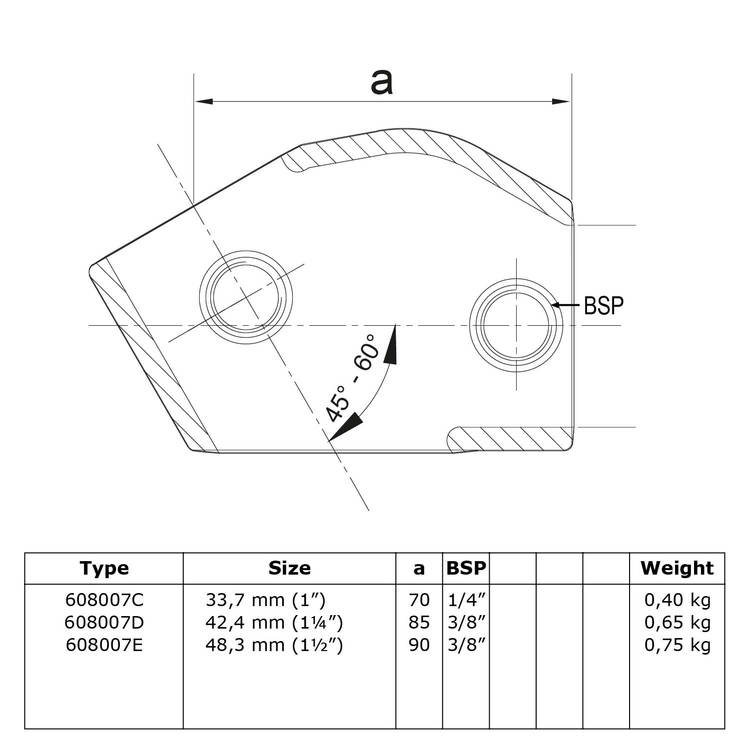 Technische Zeichnung des Rohrverbinders T-Stück / T-Verbinder kurz, verstellbar 45°-60° - Typ 7. Die Abbildung zeigt den T-Verbinder mit drei Anschlüssen, dessen dritter Anschlusswinkel von 45 bis 60 Grad einstellbar ist, ergänzt durch eine Tabelle mit ve