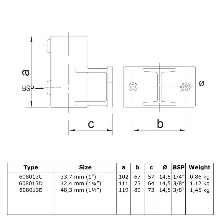 Technisches Datenblatt und Maßzeichnung für den Rohrverbinder Wandhalter horizontal - Typ 13, mit Seiten- und Draufsicht des Halters sowie einer Tabelle der genauen Abmessungen und Gewichte für verschiedene Rohrgrößen von 33,7 mm bis 48,3 mm.