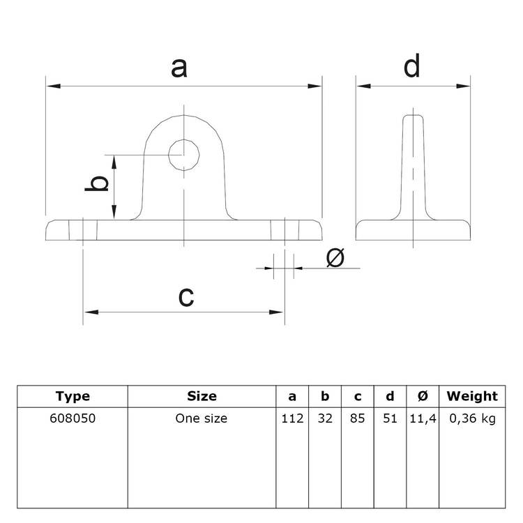 Technische Zeichnung des Universal Gelenkfußhalters für Rohrverbinder - Typ 50, mit Vorder- und Seitenansicht, detaillierten Maßangaben (a=112, b=32, c=85, d=51, Ø=11,4) und einer Tabelle mit Spezifikationen (Typ 608050, Größe One size, Gewicht 0,36 kg).