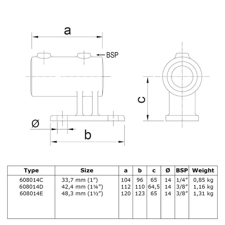 Technisches Datenblatt für Rohrverbinder Wandhalter vertikal - Typ 14. Die Zeichnung zeigt Vorder- und Seitenansichten des Wandhalters mit Bemaßungen (a, b, c, Ø, BSP). Eine Tabelle listet Spezifikationen für die Typen 608014C, 608014D und 608014E, einsch