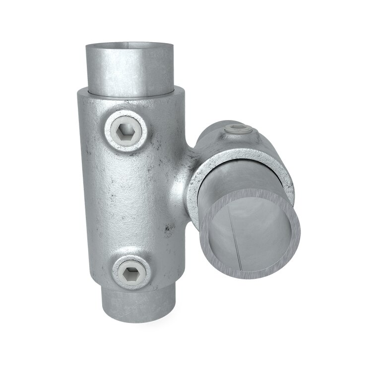 Silberfarbener Rohrverbinder Kreuzverbinder lang vorgesetzt 90° Typ 28L Ø 42,4 mm zur stabilen Verbindung von Rohren in einem 90-Grad-Winkel, mit sichtbaren Inbusschrauben.