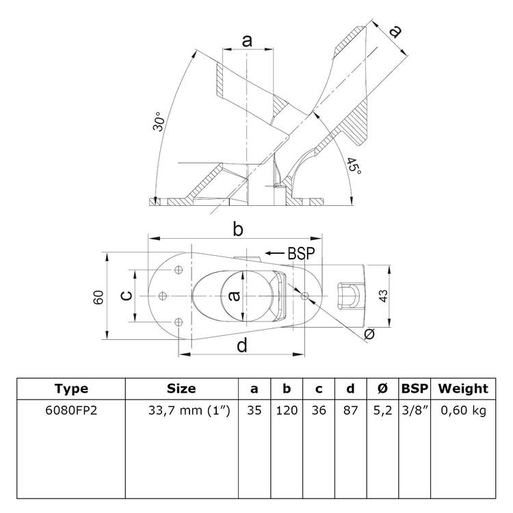 Technische Zeichnung des Rohrverbinders 90°/45° Flaggenhalterung Typ FP2 für Rohre Ø 33.7 mm mit detaillierten Maßen und Spezifikationstabelle.