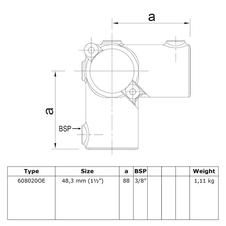 Eckstück Typ 20O – klappbarer 90° Rohrverbinder durchlaufend, technische Zeichnung. Details: Typ 6080200E, Rohrgröße 48,3 mm (1½"), 3/8" BSP, 1,11 kg. Technisches Zeichnung des Eckstücks Typ 20O – klappbarer 90° Rohrverbinder durchlaufend. Die Abbildung zeigt den Rohrverbinder in einer Seitenansicht, inklusive Bemaßungen für die Gesamtbreite (a), die Höhe (e) und den BSP-Anschluss. Eine beigefügte Tabel