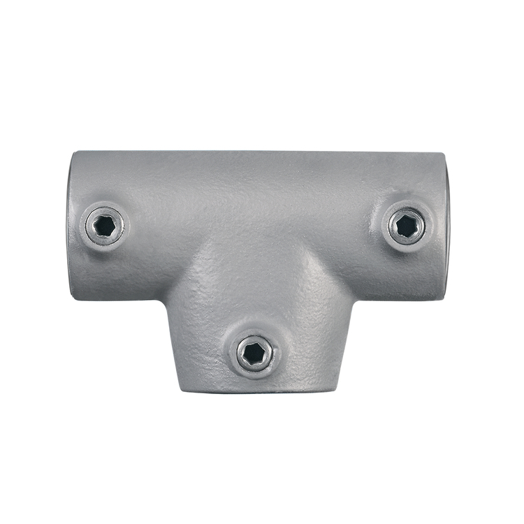 Graues Rohrverbinder T-Stück / T-Verbinder lang, Typ 4S, mit drei Rohröffnungen und sichtbaren Innensechskantschrauben zur Befestigung.