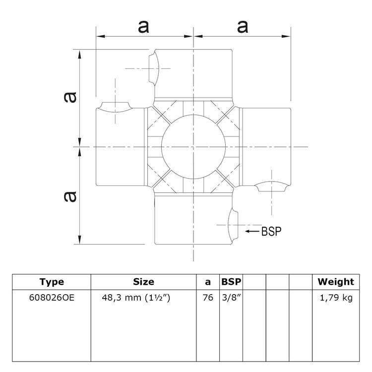 Technisches Schaubild des Rohrverbinders Kreuzstück / Kreuzverbinder Ø 48,3mm, offen, klappbar (4-Wege) - Typ 26O. Die Draufsicht zeigt einen Kreuzverbinder mit vier Armen und den Maßen 'a' sowie einem 'BSP' Anschluss, ergänzt durch eine Tabelle mit den S