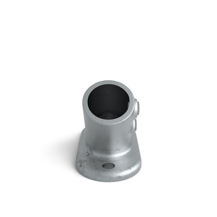 Rohrverbinder Bodenbefestigung variabel Typ 12W aus Metall, mit einem Winkel von 30-45 Grad und Befestigungsloch in der Basis.