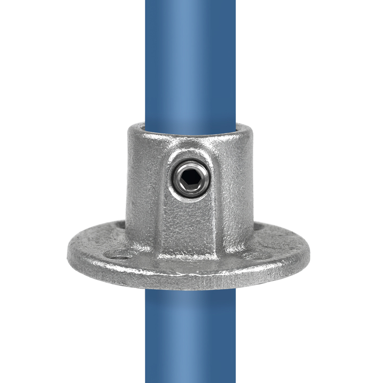 Rohrverbinder Fußplatte rund durchgehend Typ 10T, silberfarben, mit einem blauen Rohr hindurchgeführt und sichtbarer Inbusschraube
