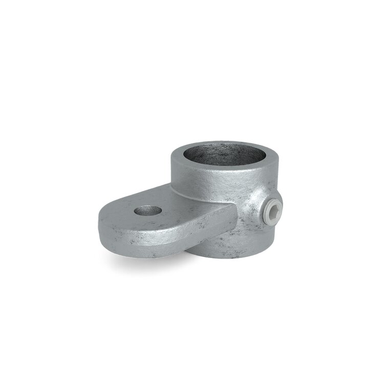 Rohrverbinder Gelenkauge horizontal Typ 37 aus grauem Metall mit zylindrischem Rohranschluss und horizontalem Gelenkauge mit Bohrung.