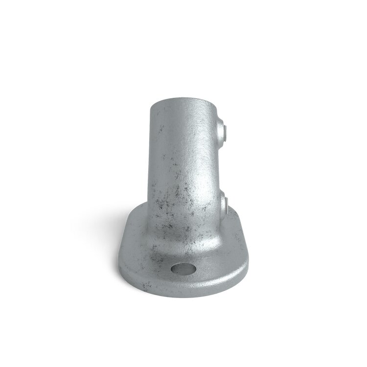 Rohrverbinder Bodenbefestigung variabel Typ 12X, ein grauer, metallischer Verbinder zur Fixierung von Rohren am Boden. Der Verbinder ermöglicht eine schräge Positionierung des Rohres im Winkel von 45 bis 60 Grad und zeigt eine ovale Montageplatte mit Befe