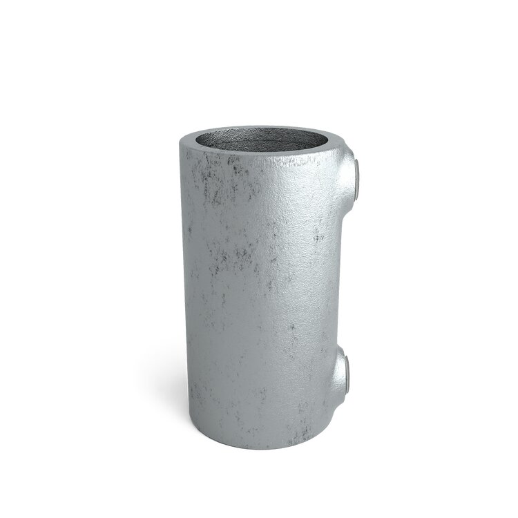 Rohrverbinder Kreuzverbinder lang vorgesetzt 90° Typ 28L Ø 42,4 mm aus verzinktem Metall. Grauer, zylindrischer Verbinder mit rauer Oberfläche und zwei seitlichen 90-Grad-Anschlüssen für eine Kreuzverbindung, freigestellt auf weißem Hintergrund.