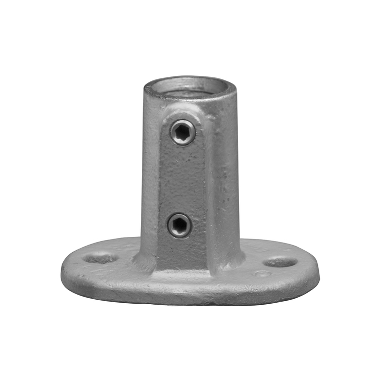 Rohrverbinder Fußplatte oval: Hochwertiger Metallverbinder für Rohre, mit zwei Klemmschrauben und stabiler ovaler Fußplatte zur Montage. Rohrverbinder Fußplatte oval aus grauem Metall mit zwei Sechskantschrauben und ovaler Bodenplatte mit Befestigungslöchern.