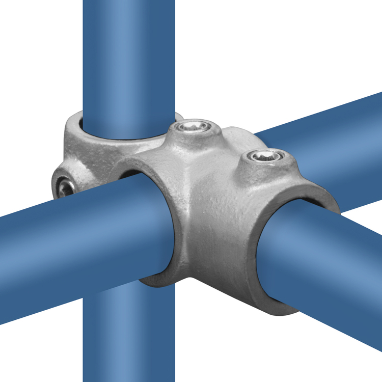 Kreuz T-Stück, Rohrverbinder für Gestänge, Typ 30, 608030. Robuster Metallverbinder zur sicheren Konstruktion von kreuzförmigen Rohrverbindungen. Kreuz T-Stück, Rohrverbinder für Gestänge, Typ 30, 608030 aus Metall, verbindet vier blaue Rohre in Kreuzform.