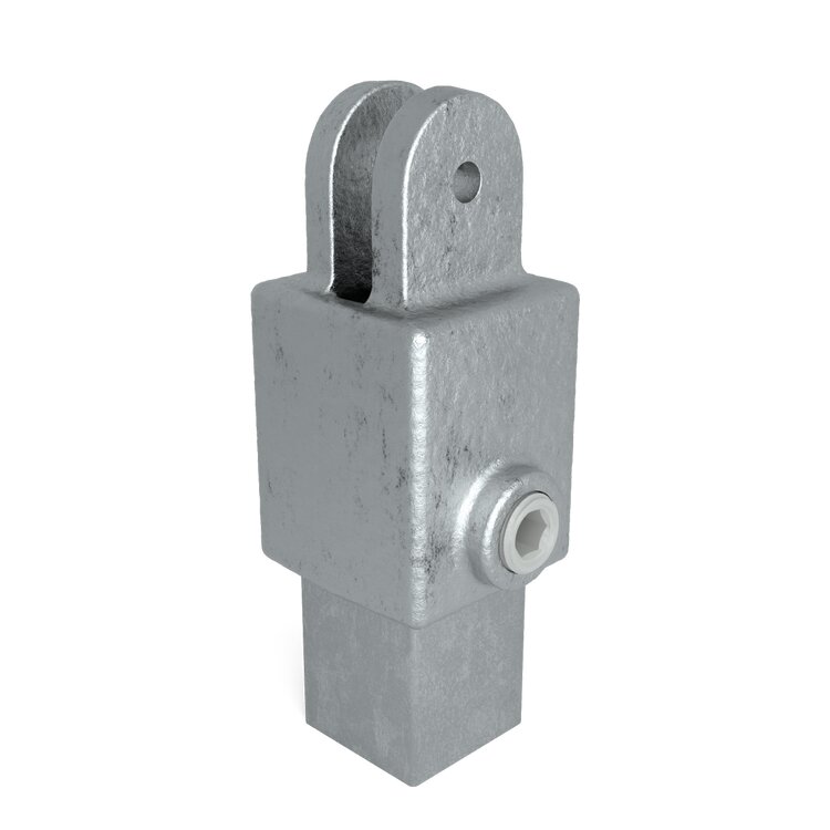 Rohrverbinder Gelenkhalter - Typ 42S aus grauem Metall, mit quadratischem Schaft unten und Gabelkopf-Öse oben für Gelenkverbindungen.