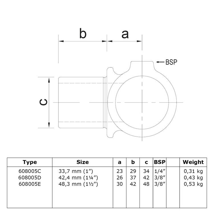 Technische Zeichnung des Innenseitig drehbaren T-Stücks / T-Verbinders, kurze Ausführung - Typ 5, mit markierten Abmessungen 'a', 'b', 'c' und 'BSP'. Darunter eine Tabelle mit detaillierten Spezifikationen für die Typen 608005C, 608005D und 608005E, einsc