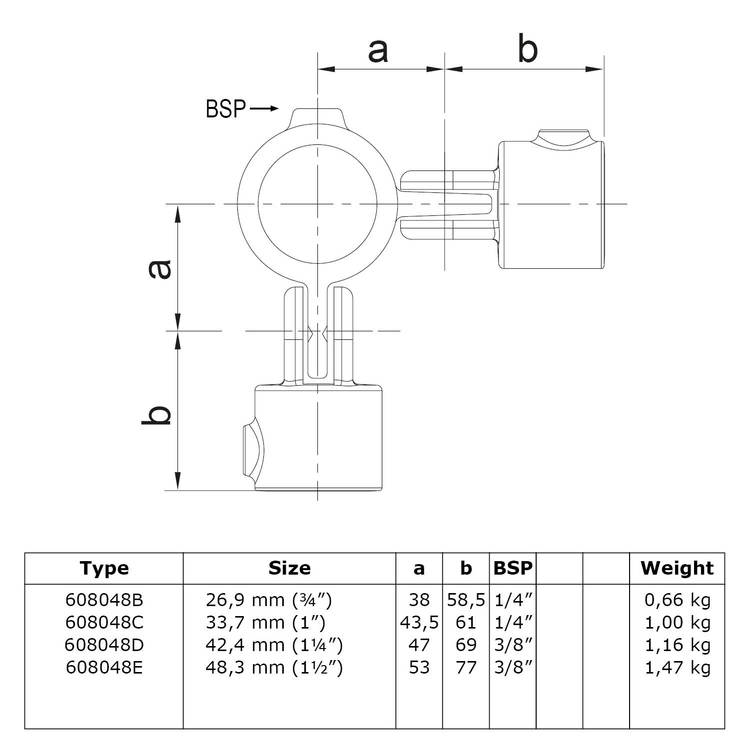 Rohrverbinder, doppeltes Gelenkstück, 90°: Detaillierte technische Ansicht und Maßtabelle für verschiedene Größen von 26,9 mm (¾") bis 48,3 mm (1½") mit Abmessungen a, b, BSP und zugehörigen Gewichtsangaben. Technische Zeichnung des Rohrverbinders, doppeltes Gelenkstück, 90°, mit Gesamtansicht und Spezifikationstabelle.
