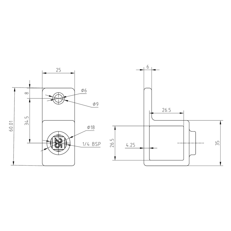 Wandbefestigung mit Einzellasche 25mm Vierkantrohr – detaillierte technische Zeichnung mit Maßen, Befestigungs- und Anschlussdetails für eine präzise Installation. Technische Zeichnung der Wandbefestigung mit Einzellasche für 25mm Vierkantrohr, zeigt Vorder- und Seitenansicht mit allen Bemaßungen.