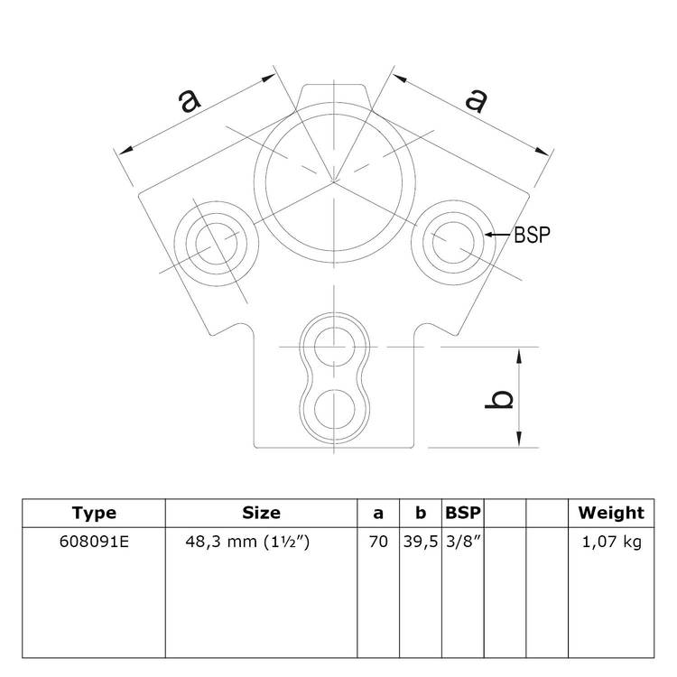 Technische Zeichnung des Rohrverbinder Traufentopstück 27,5° für Dachkonstruktionen - Typ 91 (608091E). Das Schema zeigt eine Draufsicht mit Bemaßungen 'a' und 'b', sowie Details zu Größe 48,3 mm (1½ Zoll), BSP 3/8 Zoll und einem Gewicht von 1,07 kg.
