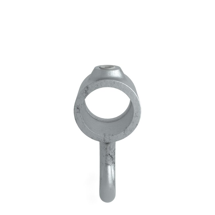 Rohrverbinder Stellring mit Doppelhaken Typ 67 aus robustem Metall, mit einem zylindrischen Klemmring und einem nach unten gebogenen Doppelhaken, frontal auf weißem Hintergrund.