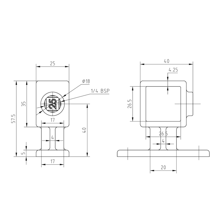 Halterung Vierkantrohr Handlauf: Detaillierte Maßzeichnung für ein Befestigungselement, passend für 25x25mm Vierkantprofile, inklusive Anschlussdetails. Technische Zeichnung der Halterung Vierkantrohr Handlauf mit zwei Ansichten. Dargestellt sind die Maße der Halterung, eine quadratische Aufnahme (26,5x26,5 mm) und eine Befestigungsbohrung (Ø18 mm) mit 1/4 BSP Gewinde.