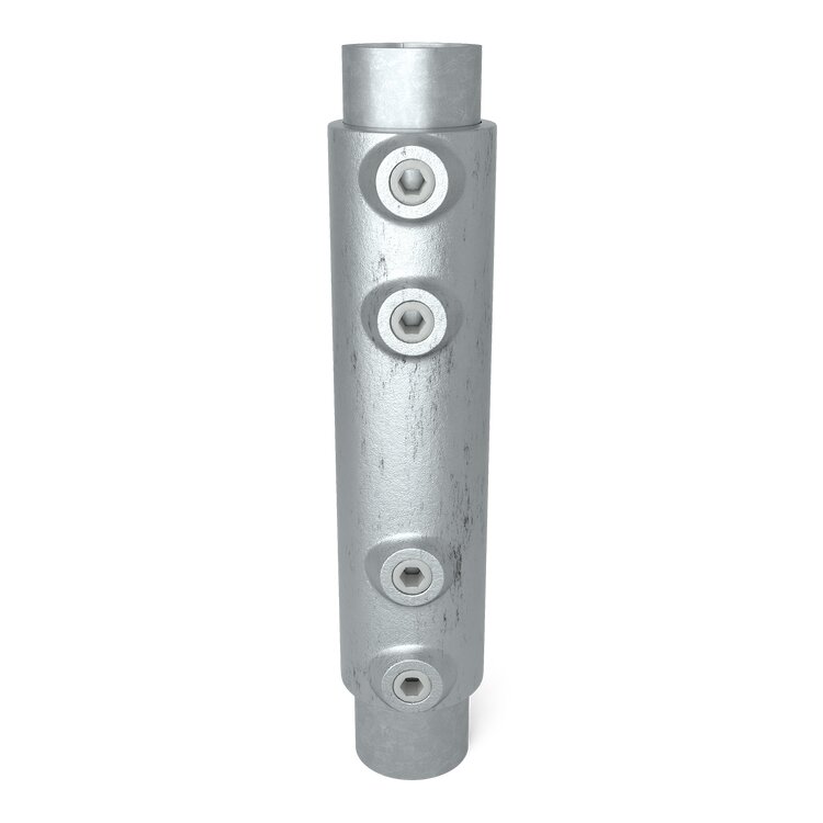 Rohrverbinder Verlängerungsstück lang außen Typ 8L aus verzinktem Metall mit vier Madenschrauben zur Fixierung, auf weißem Hintergrund