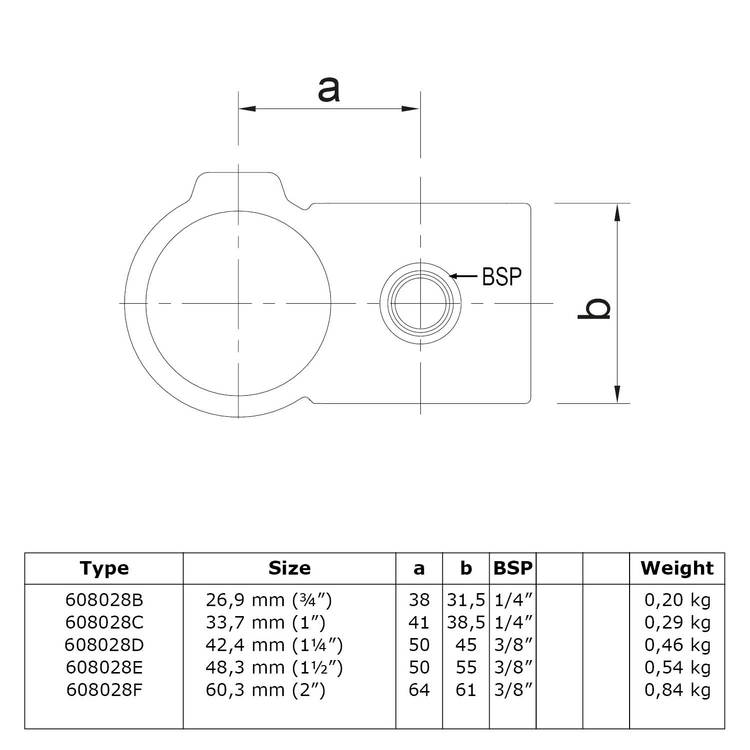 Rohrverbinder Kreuzstück vorgesetzt, 90°-Kreuzverbinder: Technische Details, Maße (a, b), BSP-Gewinde und Spezifikationen in der Übersichtstabelle. Technische Zeichnung des Rohrverbinders Kreuzstück vorgesetzt, 90°-Kreuzverbinder, mit Dimensionen 'a' und 'b', BSP-Anschluss und Spezifikationstabelle für verschiedene Größen und Gewichte.