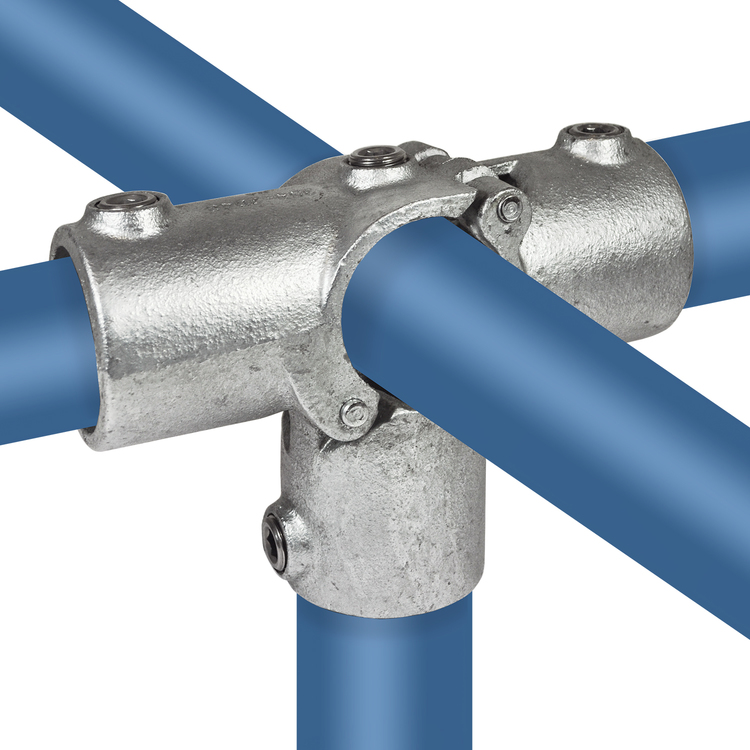 Rohrverbinder offenes klappbares T-Stück Ø 48,3mm mit Seitenausgang - Typ 24O aus verzinktem Metall, der vier blaue Rohre in einer Kreuz- und T-Konfiguration verbindet.
