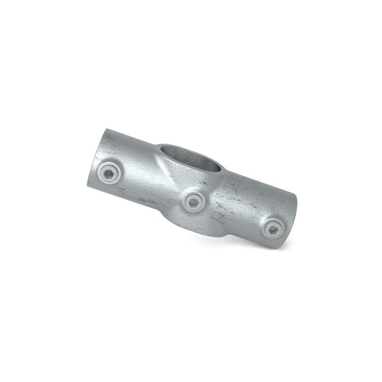 Rohrverbinder Kreuzverbinder variabel Typ 22U, Gefälle 11°-30°, aus silbernem Metall mit sichtbaren Innensechskantschrauben.